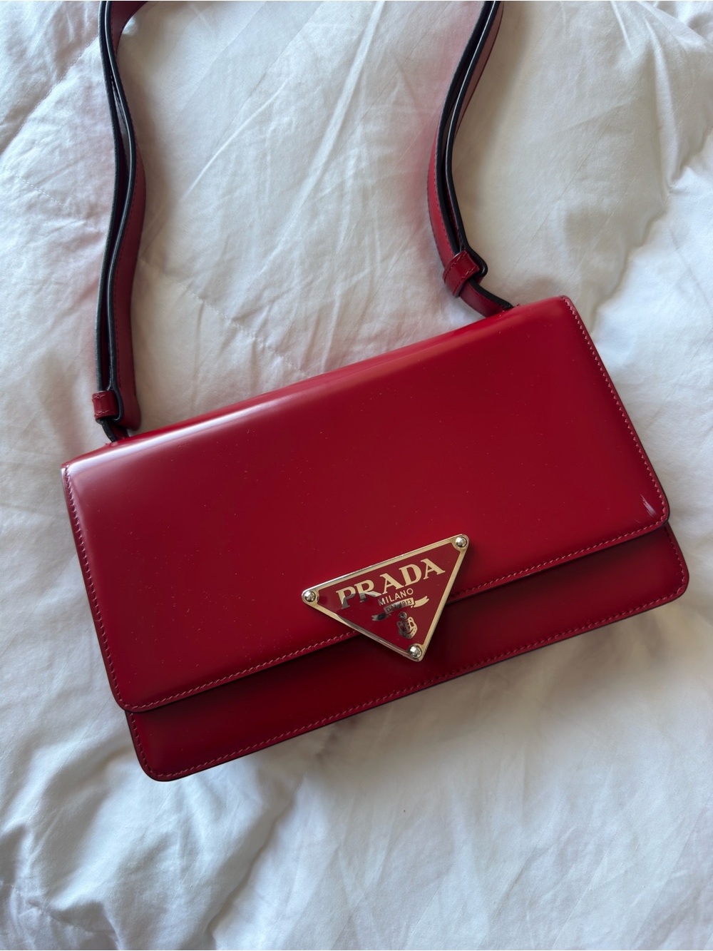 Prada Red Patent Leather Crossbody with Gold Logo Plaque